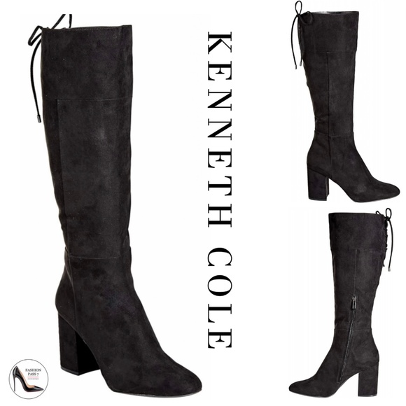 Kenneth Cole Women's Corie Lace-up Knee High Boot Block Heel Black Suede Boots 9 - Picture 1 of 10